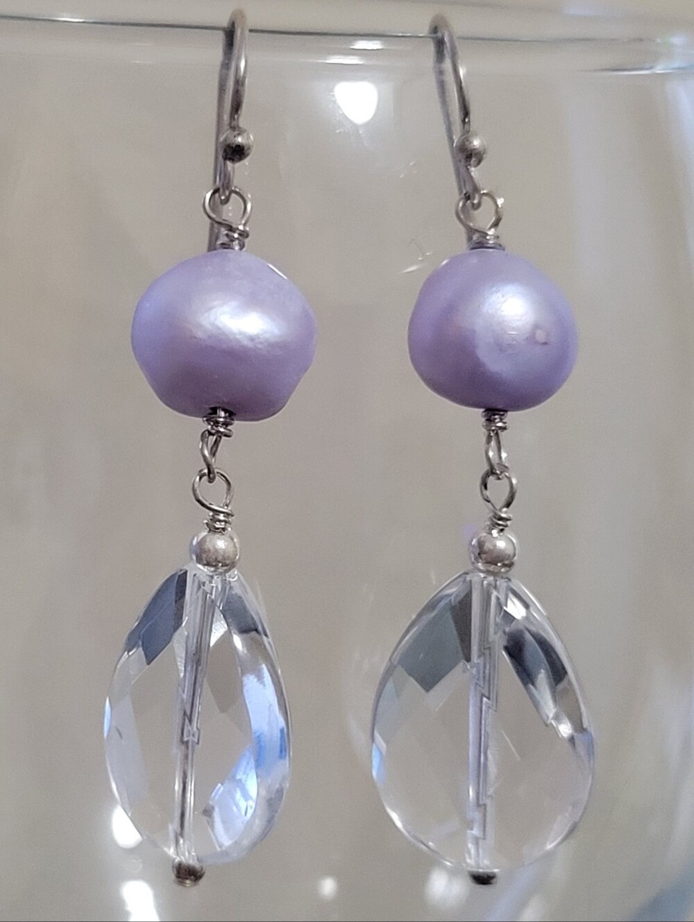 Elegant Lavender Pearl And Crystal Drop Earrings